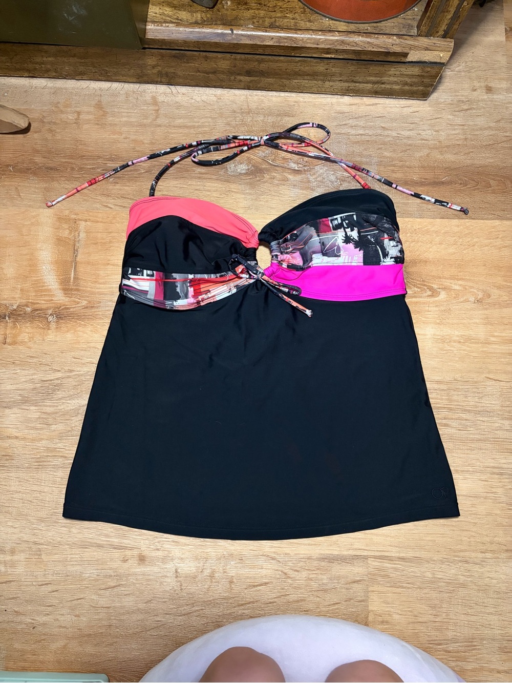 Y2K OP Graphic Black Pink Coral Halter Tie Tankini Camisole Swim Beachwear